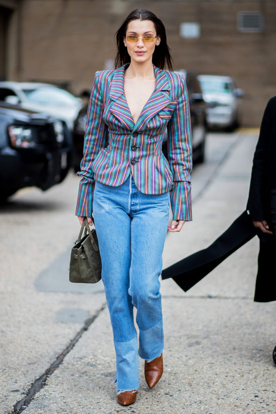 Bella Hadid's Off-the-Shoulder Sweater and Gingham Heels Look for