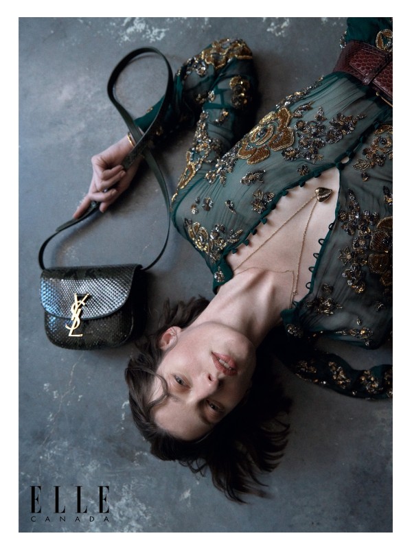 Embroidered-chiffon dress, python-skin belt, brass necklace, brass bracelet and python-skin and brass shoulder bag