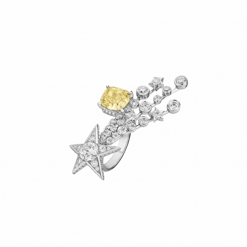 Comète Infinie ring in white gold, diamonds and yellow diamond