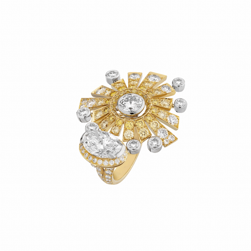 Soleil Doré ring in white gold, yellow gold, diamonds and yellow diamonds