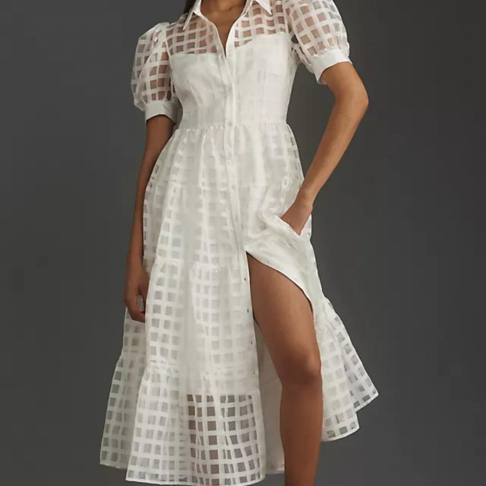 English Factory Organza Short-Sleeve Button-Front Midi Dress, Anthropologie