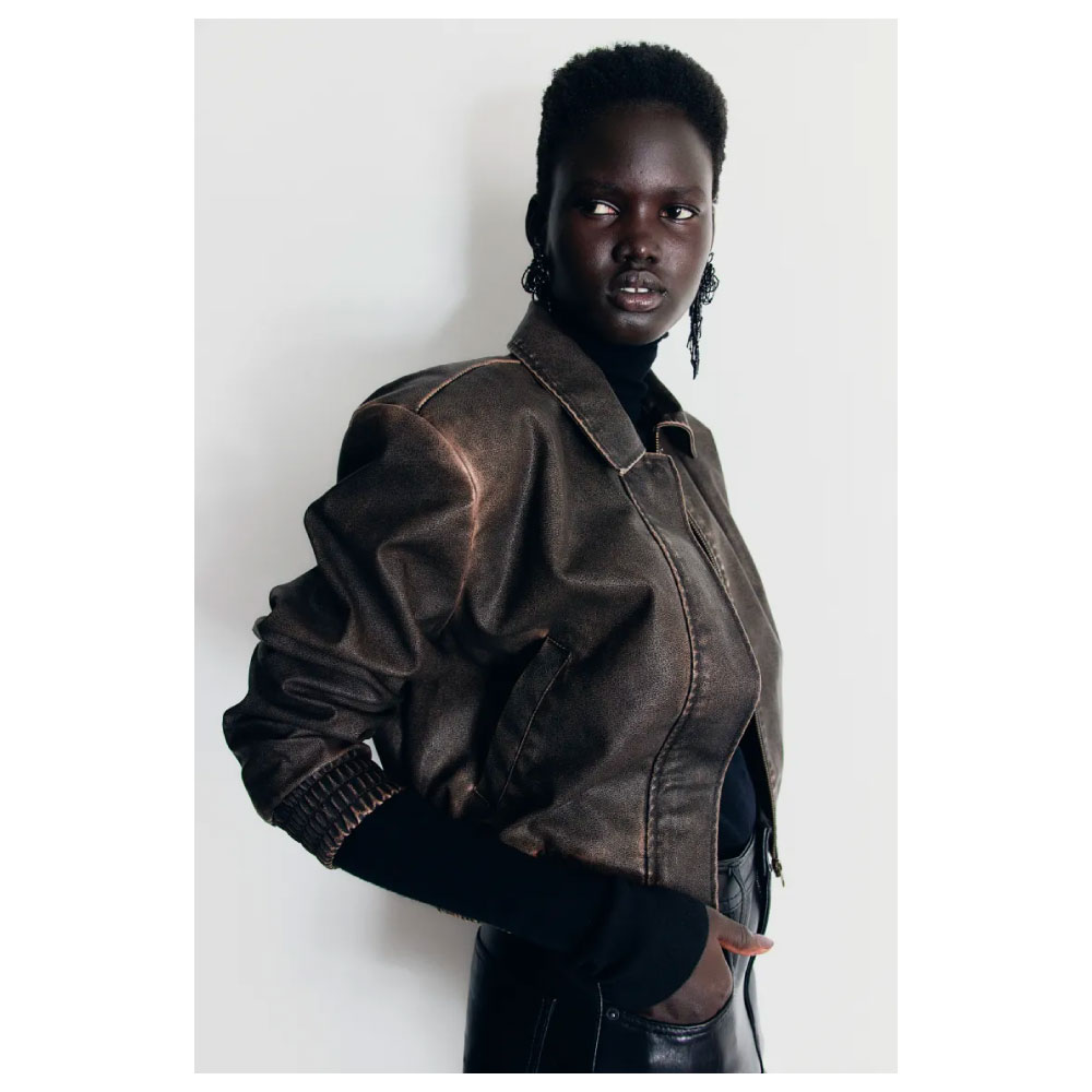 H&M Bomber Jacket with Shoulder Pads-Dark Brown