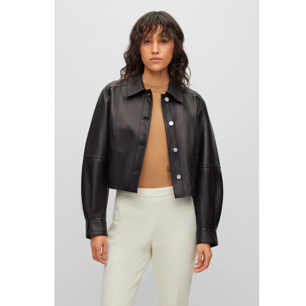 Hugo Boss Cropped Button-Up Leather Jacket