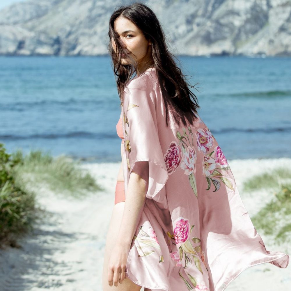 Silk duster robe, Canadian small business Art of Marina. Ripley Netflix Series, Amalfi Coast Summer Fashion.